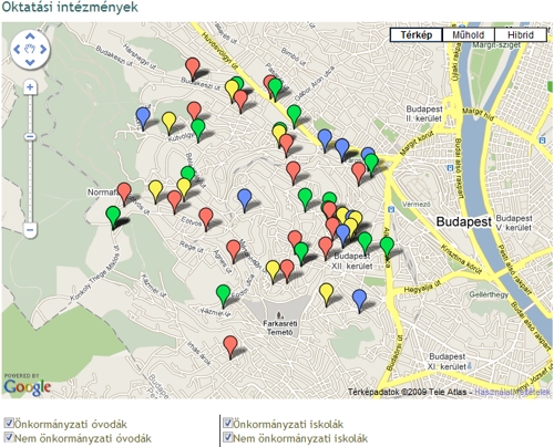 Óvodák, iskolák megjelenítése Google térképen