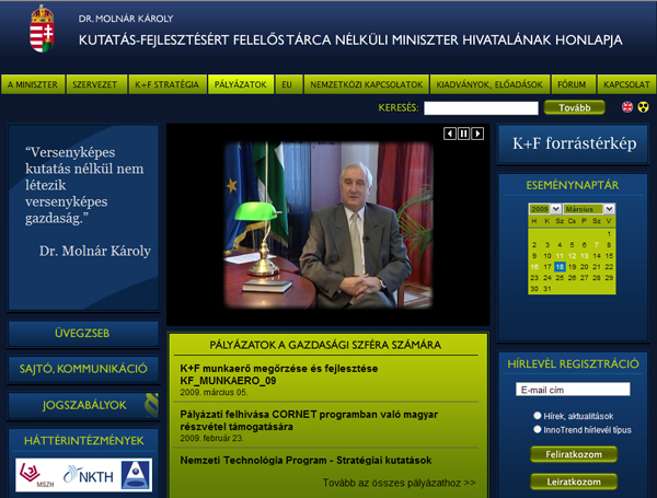 Kutatás-fejlesztésért felelős tárca nélküli miniszter hivatalának honlapja